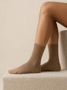 5 Pairs Solid Coffee Brown Mid-Calf Socks, Unisex, Breathable Polyester Mid-Calf Socks, Anti-Sweat Anti-Odor Casual Socks - Multicolor - View 5