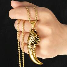 復古厚款 18K 金鍍層不鏽鋼 3D 龍紋狼牙吊墜項鍊 凱爾特風格 男士日常派對佩戴 搶眼飾品 - 金色 - 查看 3