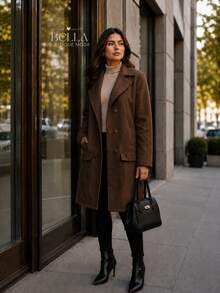Women's Long Wool Coat, Parka, Or Overcoat, Elegant And With Front Button Closure. - 鏽棕色 - 查看 2