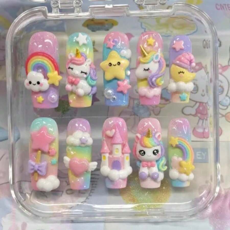 Handmade Nails Press On,Hard And Durable Nail Art 3D Unicorn & Rainbow Press On Nails, Handmade Kawaii Medium Square Fake Nails With Castle & Star Charms, Reusable Glossy Acrylic False Nails For US Women Daily Party
/ Universal In 899 Regions - 玫紅色 - 查看 1