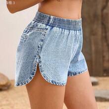 yonghongmaoyi1  Pantalones cortos vaqueros casuales y versátiles con cintura elástica y holgada para mujeres - Lavado ligero - Ver 6