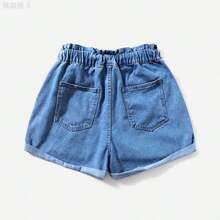 yonghongmaoyi1 Shorts en mezclilla de cintura con volante bajo de doblez - Azul lavado medio - Ver 8