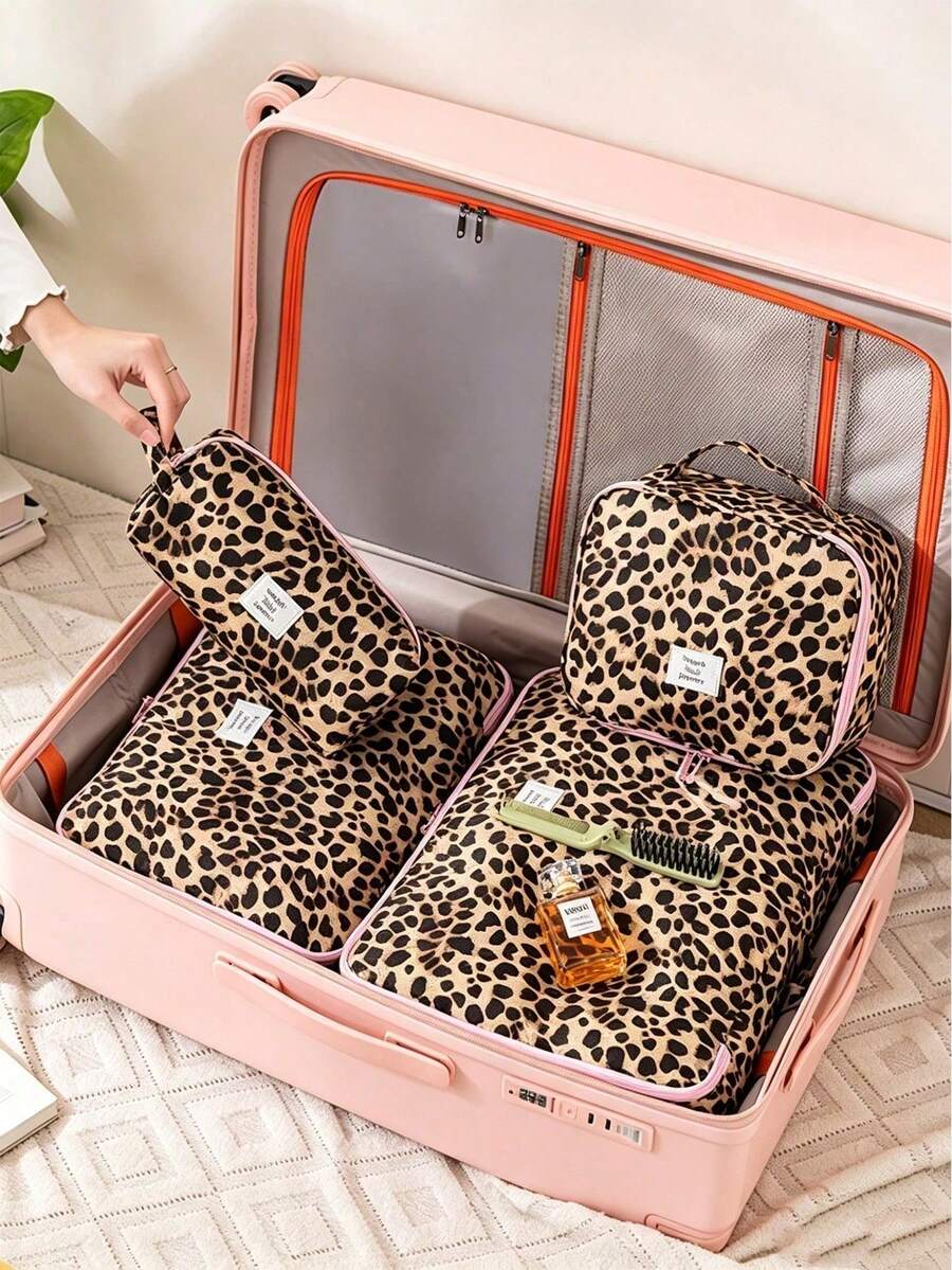 Leopard Print Luggage Organizer Bag, Clothing Storage Bag, Storage Cube Set, Luggage Storage Bag Set, Dormitory Bedroom Travel Essential Supplies - Multicolor - View 1