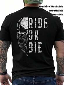 Camiseta negra con estampado de moto - Ropa casual cómoda y transpirable para montar - Ropa esencial diaria lavable a máquina, moda urbana, diseño, corte robusto, top de manga corta - Negro - Ver 1