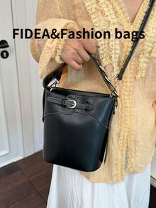 新款女式精緻手提肩背水桶包 素色PU皮街頭時尚百搭金屬扣飾個性手把前衛設計 適合日常出遊購物約會優雅包款 - 黑色 - 查看 5