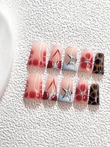 10 piezas de uñas postizas de estilo retro hechas a mano, set de uñas de polygel, estrella de cinco puntas y cereza, esmalte de uñas rojo, azul, marrón y plateado, estilo casual, incluye herramientas para uñas, 3 tamaños disponibles, pato, ataúd, almendra, uñas con brillo para fiesta, baile, uso diario. - Multicolor - Ver 12