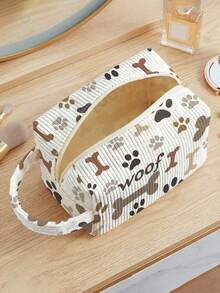 1pc Dog Paw Prints Print Corduroy Pouch With Handle ,Makeup & Toiletry Bag, Zipper Closure. Foldable, Durable, Multi-Use For Travel, Daily & Students - Multicolor - View 5