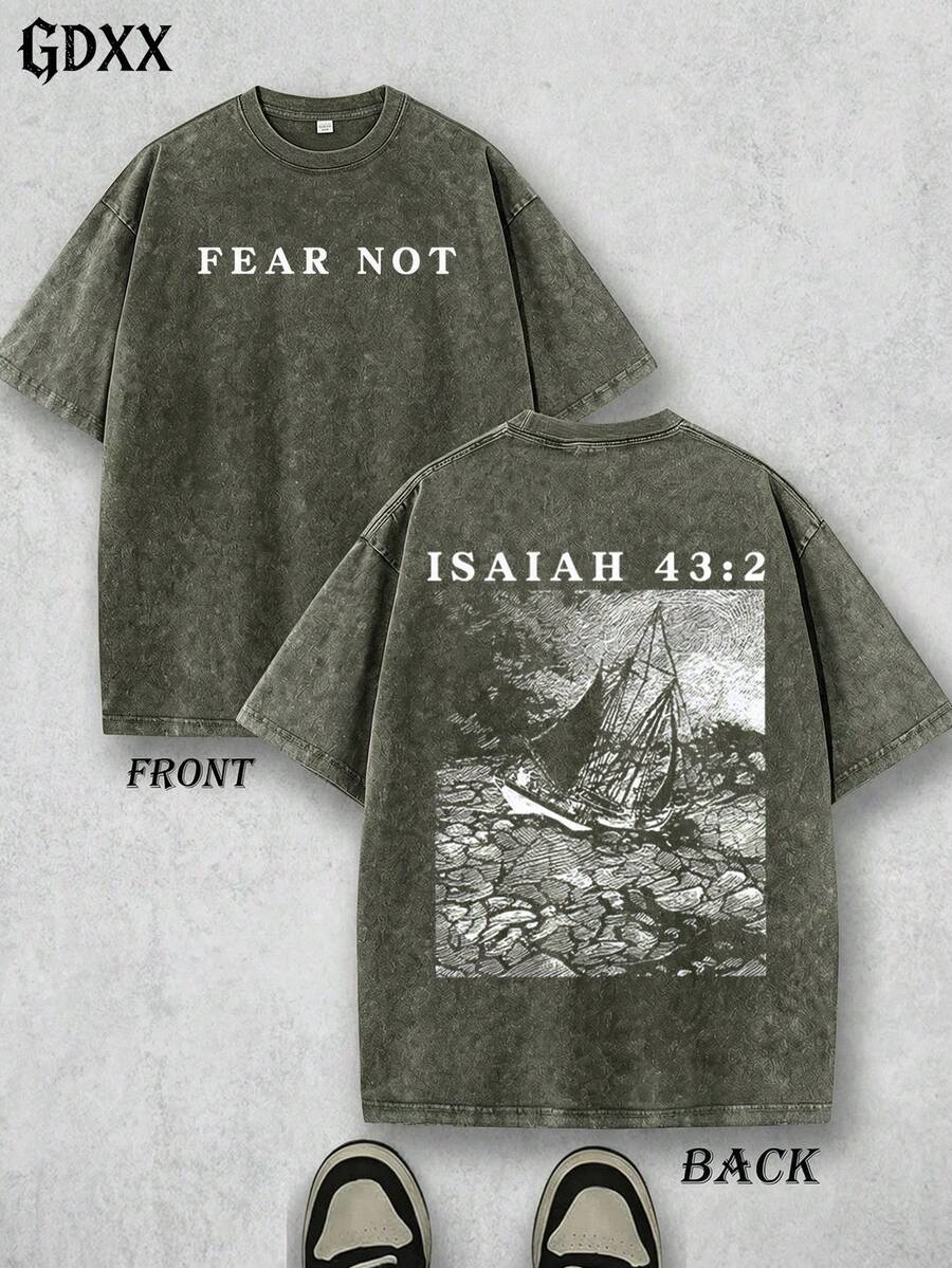 Fear Not Christian Unisex T Shirt, 230G 100% Cotton Vintage Washed, Round Neck Summer Casual Graphic Tee - 軍綠色 - 查看 1