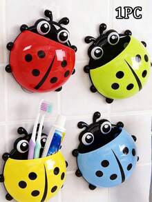 1pc Toothbrush Holder,Ladybug Design Toothbrush Holder,Wall-Mounted Toothbrush Storage Rack,No-Punch Wall-Mounted Storage Rack, Ladybug Wall-Mounted Bathroom Organizer,Suction Cup Bathroom Storage Box,Multifunctional Toothpaste Toothbrush Holder - Multicolor - View 2