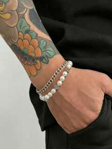 2pcs Hip Hop Punk Minimalist Cross Faux Pearl Bracelet, Geometric Metal Chain Bracelet Set, Suitable For Daily And Party Wear, Gift For Men, Classmates And Friends - 2pcs - View 2