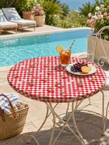 1 buah Taplak Meja Bundar Elastis Motif Cherry & Gingham Musim Panas, Penutup Meja Kain Elastis Kotak-kotak Merah, Pelindung Anti Selip yang Dapat Digunakan Kembali untuk Piknik Luar Ruangan, BBQ Halaman Belakang, Balkon, Dapur & Ruang Makan, Dekorasi Musim Panas Retro yang Lucu - MultiWarna - View 1