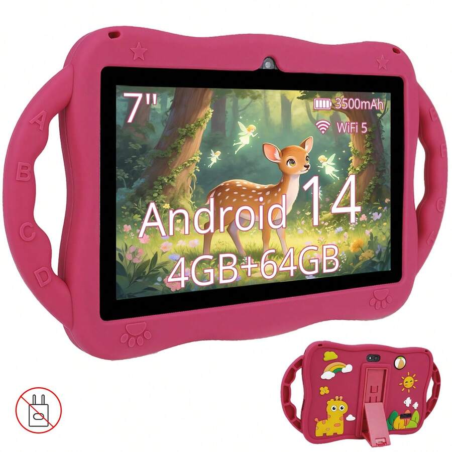 Qetupa 7-Inch Android 14 Kids Tablet With Shockproof Case,4GB RAM + 64GB ROM, 1024*600 IPS Touchscreen, 3500mAh Battery, 2MP + 5MP Dual Cameras, Bluetooth And Wi-Fi Connectivity, Suitable For Early Education, Reading, And Games, Enjoy Entertainment Anywhere; A Holiday Gift For Boys And Girls (Power Adapter Not Included, SIM Card Not Supported).