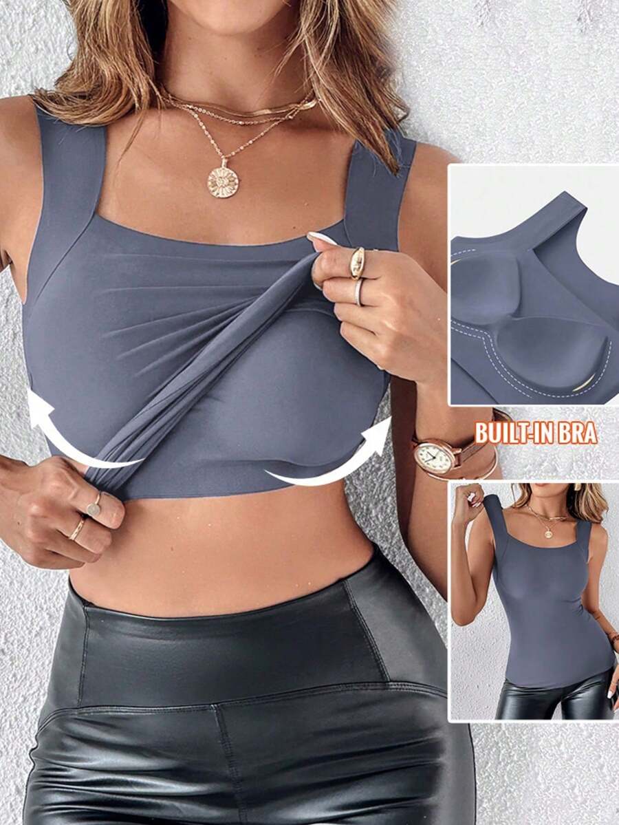 ChicMe 女款無縫內墊背心，無袖方領細肩帶背心，高彈性修身，休閒基礎內搭夏季款 - 灰色 - 查看 1