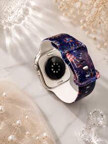 1條星空紅藍白煙花圖案矽膠錶帶，男女通用，適用於Apple Watch 38mm 40mm 41mm 42mm 44mm 45mm 49mm，相容 Series Ultra/S11/S10/SE/8/7/6/5/4/3/2/1，適合美國日節日慶祝禮物錶帶配件，時尚休閒運動款柔軟舒適替換錶帶 - 彩色 - 查看 7
