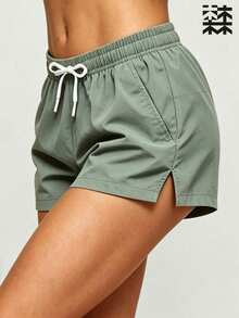 mulinsen Women's Casual Drawstring Waist Sports Shorts With Side Slit Pockets - Mint Green - View 2