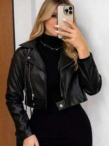 Women's Faux Leather Biker Jacket With Zipper And Buttons, Elegant And Modern, For Winter, Autumn, And São João (Saint John's Day). - 黑色 - 查看 2