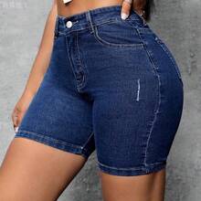 jianchaimaoyi02  Pantalones Cortos De Mezclilla Ajustados De Cintura Alta Para Mujeres - Azul lavado medio - Ver 7