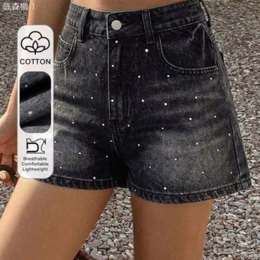 jianchaimaoyi02 Minifalda de verano para mujer con decoración de rhinestones, shorts vaqueros ajustados y sexy de estilo urbano con lentejuelas - Negro01 - Ver 1