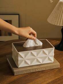 1pc Nordic Style Minimalist Tissue Box, Faux Wood Lid With Diamond Texture Design, Odorless Tissue Holder For Living Room And Bedroom Desktop, Wood Grain Tissue Box, Luxury Tissue Box, Living Room Desktop Storage Box, Home Napkin Holder, Geometric Embossed Tissue Box, Nordic Style Tissue Box, Coffee Table Decorative Tissue Box, Bedroom Desktop Tissue Box, Vintage Solid Wood Lid Tissue Box, Creative Desktop Storage - Diamond - View 5