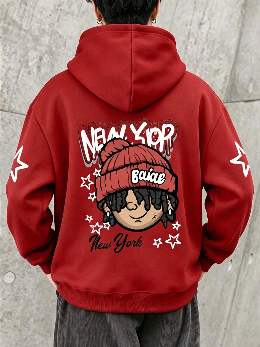 Young Boy Cartoon Pattern Warm Sweatshirt - Red - View 1