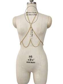 1pc INS Style Pearl Pendant Y-Shaped Halter Neck Chest Chain, Beach Vacation Hot Girl Daily Accessory - Gold - View 6
