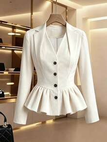 Women's Autumn/Winter Office Daily High-Quality Solid Color Collar Design Waist-Cinching Ruffle Hem Long Sleeve Blazer - White - View 3