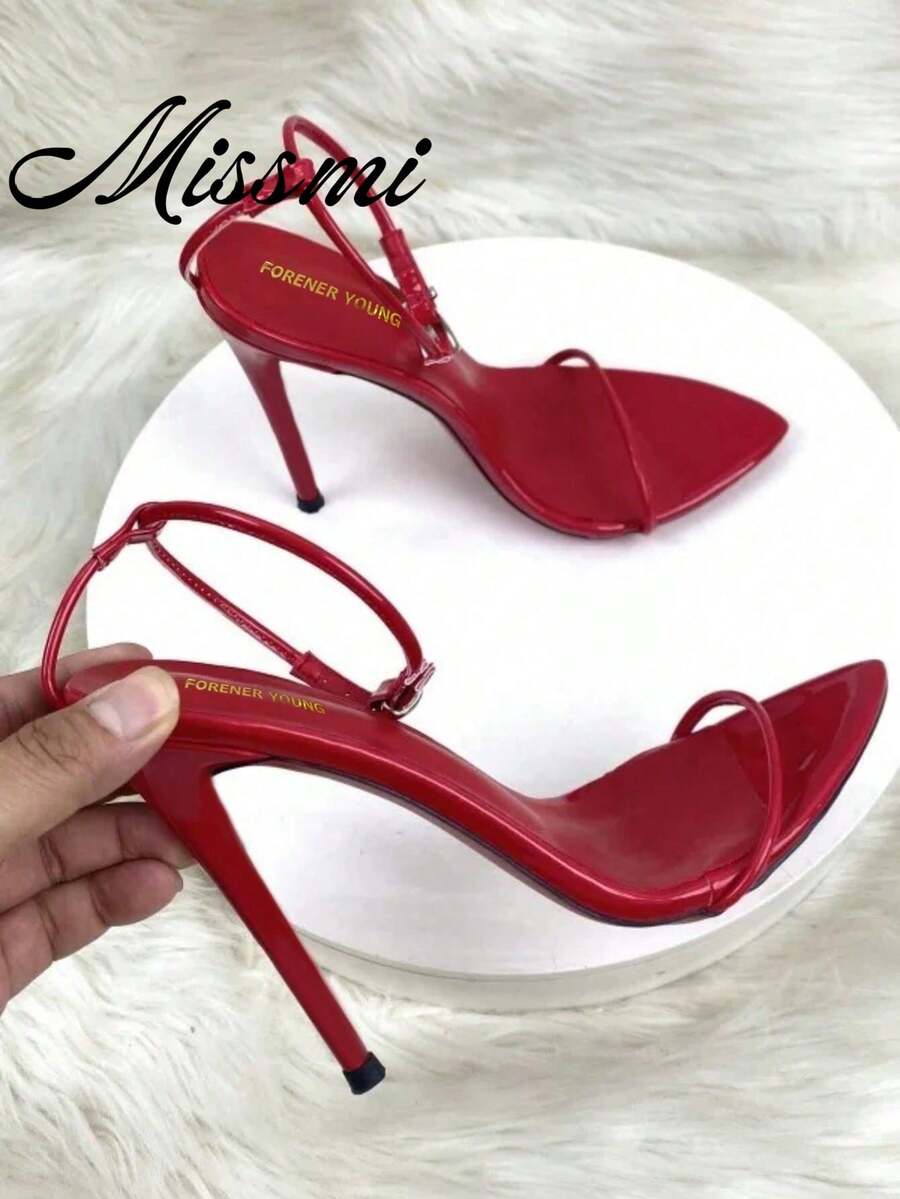 12cm Metal Super Thin Stiletto Heel Strap Sandals, Sexy & Fashionable Plus Size, European And American Style,Spring Summer Outfits - Red - View 1