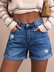 New Classic Versatile Minimalist Casual Non-Stretch Washed Solid Color Cuffed Hem Women's Pocket Straight Leg Denim Shorts - Dark Wash - View 5