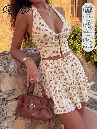 Aflion 2pcs/Set Women's Yellow Floral Bohemian Style Camisole Top + Ruffle Hem Mini Skirt Casual Summer Beach Holiday Outfit