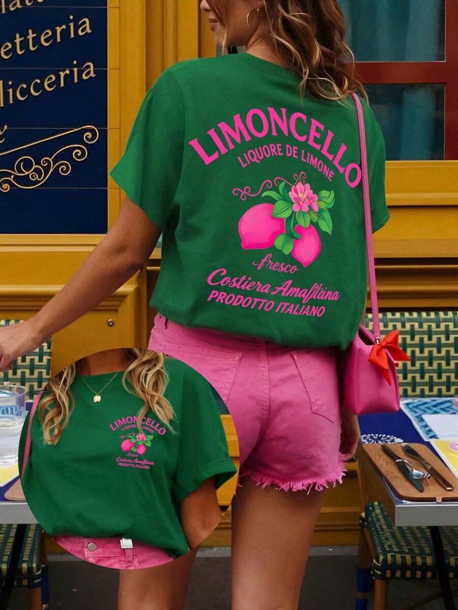 1pcs Women's T-Shirt, Matcha Lovers' Casual Fashion Loose Round-Neck Short-Sleeve Pink T-Shirt For Women, Short-Sleeve Round-Neck Casual Top Women's C - 綠色 - 查看 1