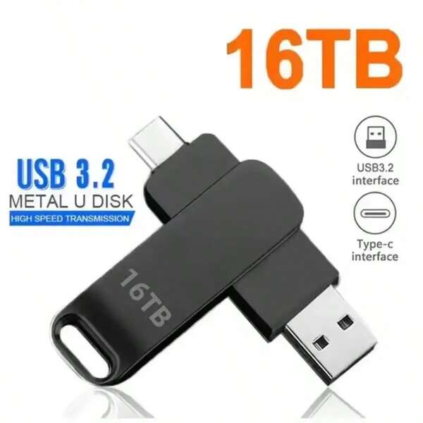 16TB Flash Drive USB 3.2 High Speed Metal U Disk Type-C Memory Stick Waterproof Storage PC Phone Data Transfer New 2026