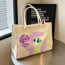 Miniso Little Pony Friendship Is Magic Series Canvas Tote Bag, Adorable Fluttershy Print Spacious Beige Canvas Everyday Handbag - Black - View 3