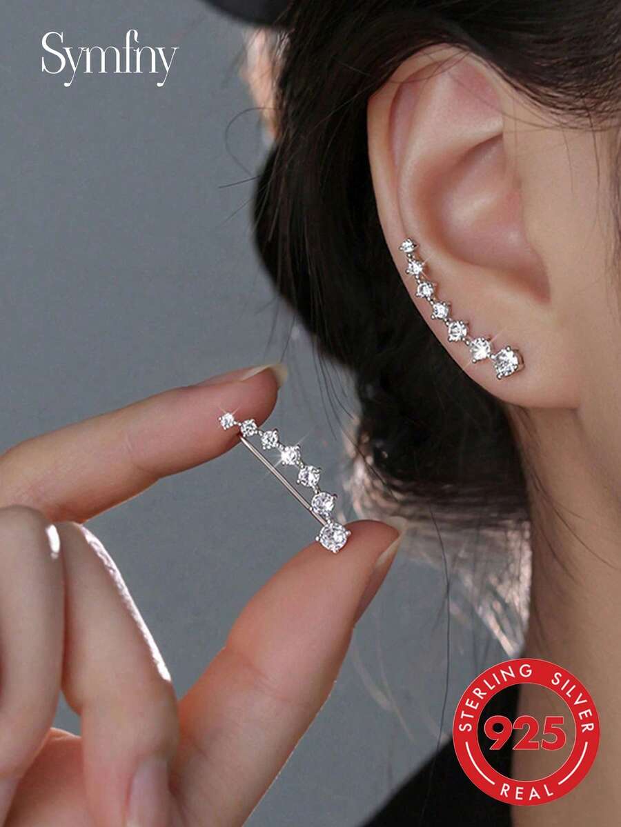 SYMFNY A Pair Of Affordable Luxury 925 Sterling Silver Double-Row Earrings Featuring Exquisite Cubic Zirconia Stones - Silver - View 1