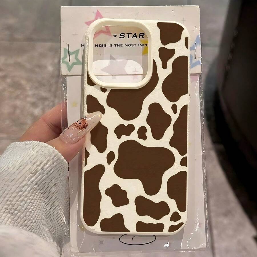 1pc Fashionable Retro Cute Playful Brown Cow Print TPU Phone Case Compatible With IPhone/,International Version, Not The Domestic Version - White - View 1