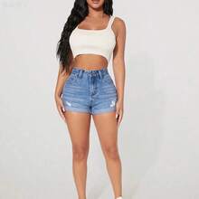 xuehuamaoyi02  PETITE Shorts vaqueros casuales y desgastados con bolsillos para mujer, versátiles para uso diario - Blanco - Ver 5