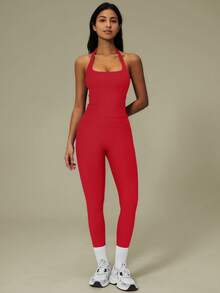 Aaseow 1pc Women's Seamless High Waist Tight Leggings, Tummy Control Butt Lift Elastic Sports Pants, Suitable For Running, Tennis, Gym Workout - Red - View 3