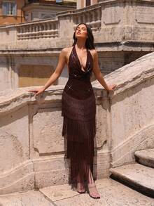 New Sexy Sleeveless V-Neck Spaghetti Strap Backless Rhinestone Tassel Elegant Long Dress For Women Wedding - Coffee Brown - View 4