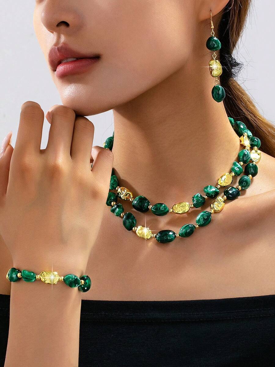 4pcs/Set Fashion Elegant Acrylic Asymmetrical Geometric Beaded Pendant Bracelet Necklace Earrings Set, Suitable For Women's Daily Summer Vacation Party Holiday Wear - Green - View 1