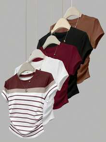 Camiseta de mujer de unicolor con cuello redondo y manga corta, de moda para el verano - Multicolor - Ver 1