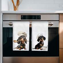 2pcs Dachshund Theme Chef Series Illustration Pattern Kitchen Towels, Rectangular Microfiber Kitchen Towels, Dishcloths, Scouring Pads, Hand Towels, Cooking Baking Tea Towels, Kitchen Decor, Housewarming Gift, Birthday Gift, Bathroom Cleaning Wet Wipes, Decorative Towels - Multicolor - View 5