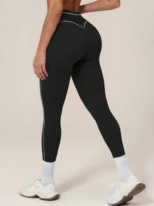 TimeOff Women's 1pc Colorblock White Line Decor High Waist Tummy Control Cropped Sports Long Pants - Black - View 3