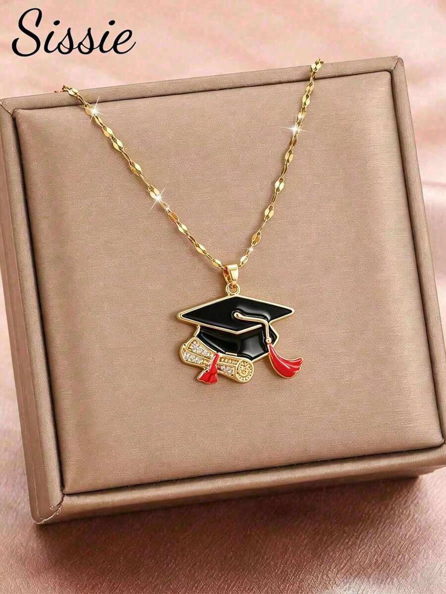 1 pieza Exquisito diseño de gorro de graduación con cinta roja de acero inoxidable y circonita, adecuado para ceremonia de graduación, reunión de clase, temporada de regreso a la escuela y uso diario - Dorado - Ver 1
