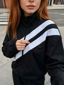 女款時尚新款拼色斜條紋運動夾克－拉鍊立領運動外套，女款Y2K運動服飾，春秋復古女款夾克，輕量長袖休閒街頭風，冬季，適合戶外活動與日常穿著，送給女友的完美萬聖節禮物 - 黑色 - 查看 9