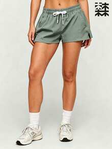 mulinsen Women's Casual Drawstring Waist Sports Shorts With Side Slit Pockets - Mint Green - View 5