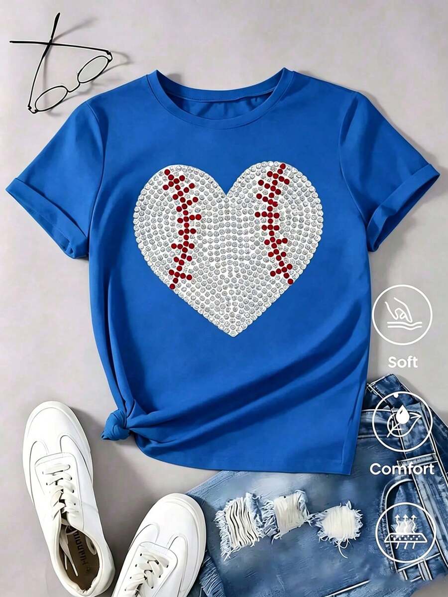 Women's White T-Shirt With Sequin Baseball Heart, Shiny Aesthetic T-Shirt With Red Stitching, Sports Top For Game Day, Fashionable Casual Blouse For Baseball Fan - 藍色 - 查看 1