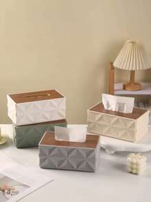 1pc Nordic Style Minimalist Tissue Box, Faux Wood Lid With Diamond Texture Design, Odorless Tissue Holder For Living Room And Bedroom Desktop, Wood Grain Tissue Box, Luxury Tissue Box, Living Room Desktop Storage Box, Home Napkin Holder, Geometric Embossed Tissue Box, Nordic Style Tissue Box, Coffee Table Decorative Tissue Box, Bedroom Desktop Tissue Box, Vintage Solid Wood Lid Tissue Box, Creative Desktop Storage - Diamond - View 8