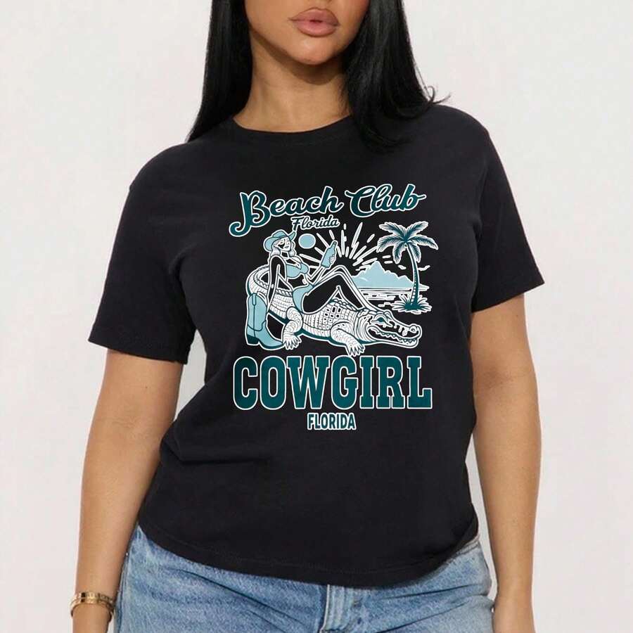1 Piece Fashion Casual T-Shirt For Men And Women, With Graphic Print, Round Neck And Short Sleeve, Casual Daily Style, Chic For Florida Beach Club, Versatile, Easy To C - 黑色 - 查看 1