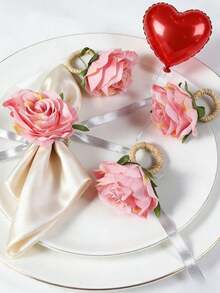 2-200pcs Artificial Rose Napkin Rings, Suitable For Table Decoration, Wedding, Family Dinner, Party, Christmas, Thanksgiving, Birthday - Pink - View 18