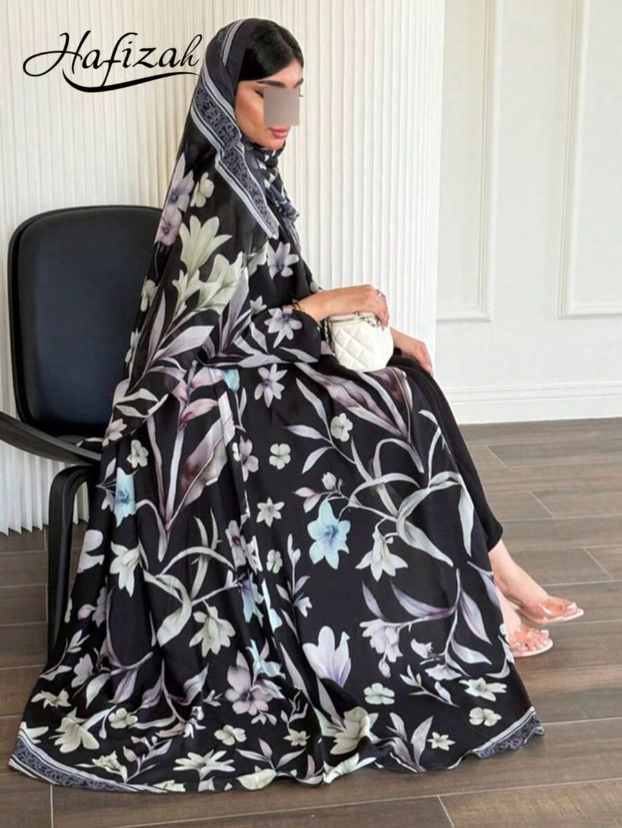 Hafizah 女款寬鬆印花長袍，優雅長袖，附配套圍巾，時尚舒適度假風，黑色秋季款
