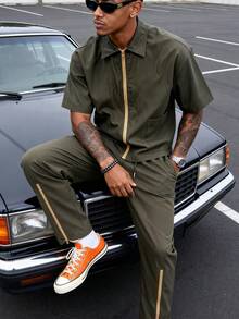 Ensemble 2 pièces slim et confortable pour homme pour l'été, nouveau, fin, zippé, manches courtes et pantalon long. Style de rue, décontracté, pour une utilisation quotidienne et extérieure (fermeture éclair en plastique) - Militaire verte - Voir 8